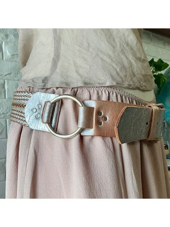 Vintage 90s Y2K Cache Metallic Silver Brushed Handmade Leather Woven Back Wide B - Picture 7 of 12